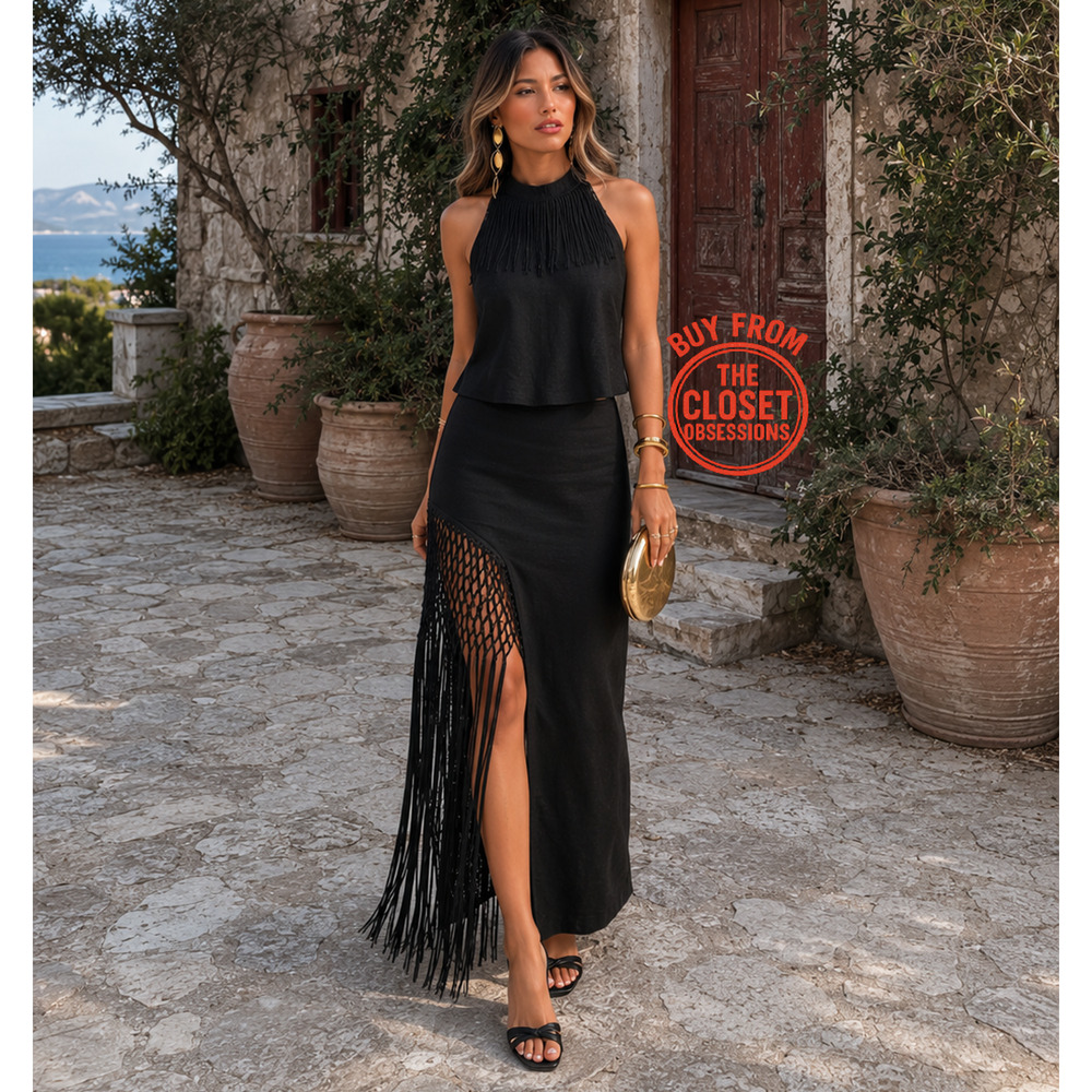 Zara NWT Black Linen Fringe Co-Ord Set Top Skirt L - Picture 11 of 16